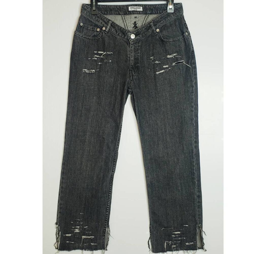 Opening Ceremony Dip Front Low Rise Distressed Crop Black Grey Rigid Jean Y2K 28